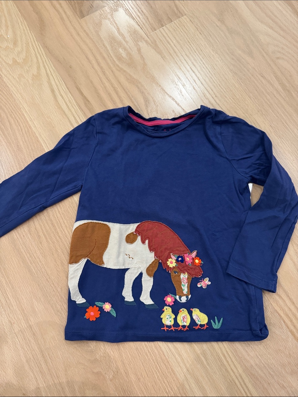 Mini Boden | Navy Long-Sleeve Tee with Horse and Chick Appliqués